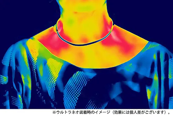 磁気ネックレス《ウルトラネオ》着用前後のサーモ画像／磁気ネックレスは、その磁力で血行を良くしコリなどを改善する効果が見込まれる製品です。管理医療機器の磁気ネックレス《ウルトラネオ》は、医療機器ですので安心してご使用いただける磁気ネックレスです。この画像の例では、装着部位を中心に広い領域で体温が上昇していることがわかります。これは血行改善効果によるものと考えられます。この測定結果は一例です。磁気ネックレスの効果には個人差がございます。